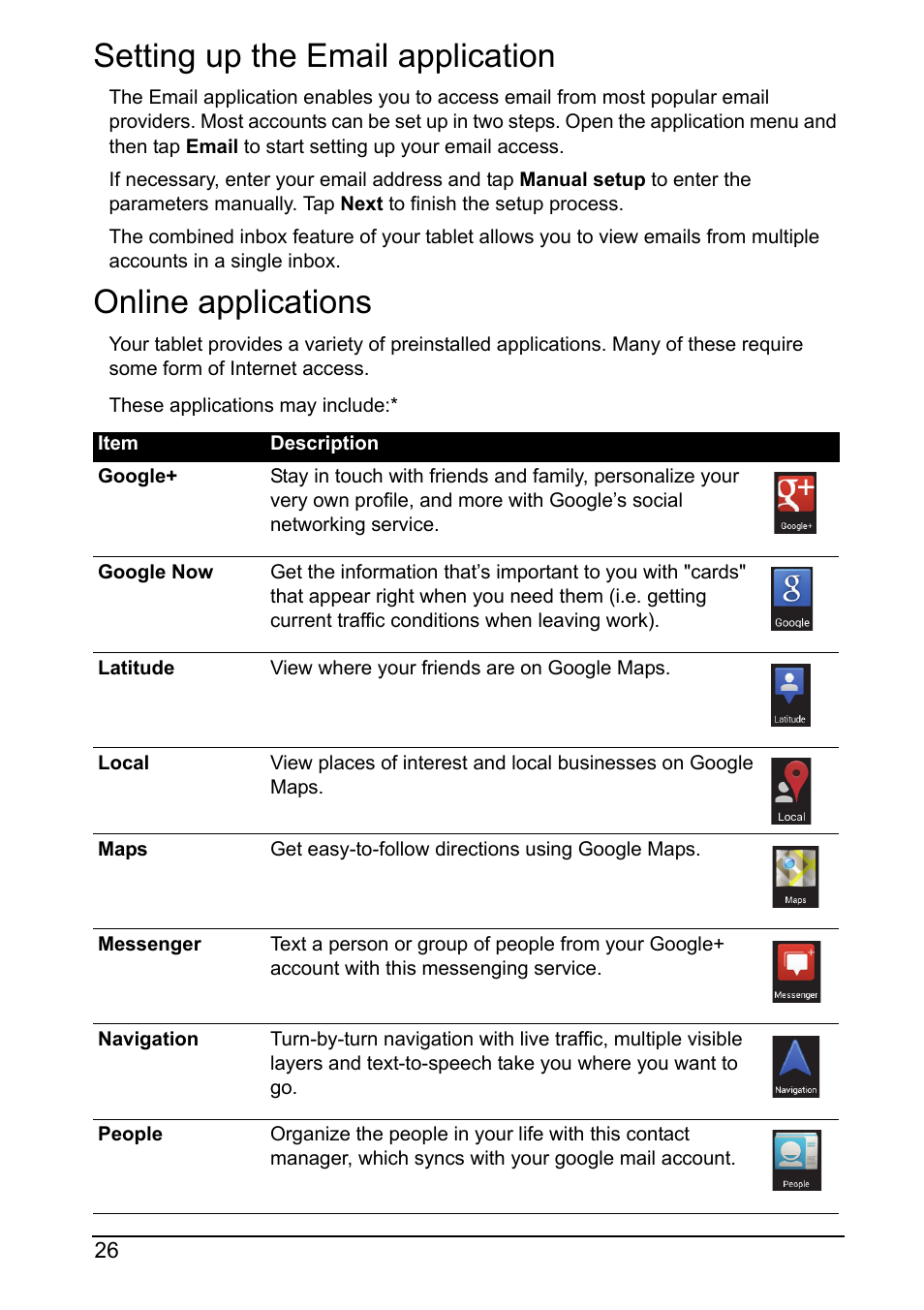 Setting up the email application, Online applications | Acer A110 User Manual | Page 26 / 48