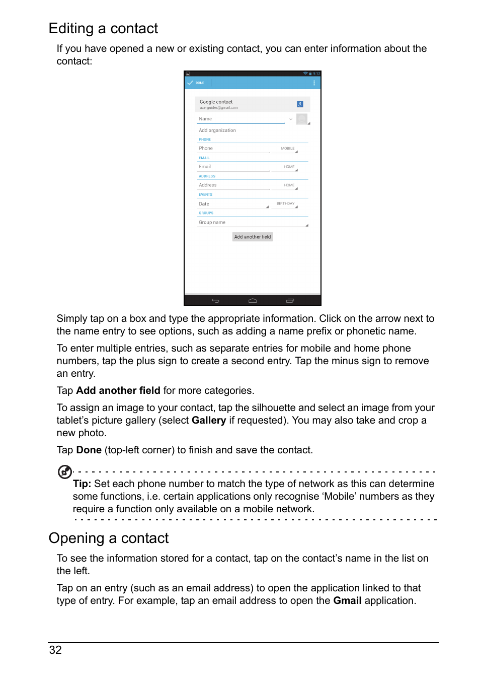 Editing a contact, Opening a contact | Acer A110 User Manual | Page 32 / 48