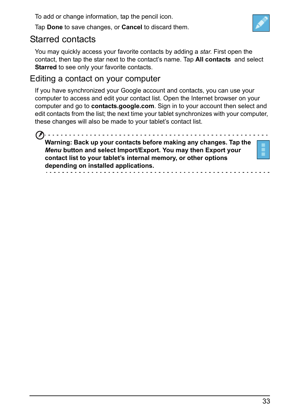 Starred contacts, Editing a contact on your computer | Acer A110 User Manual | Page 33 / 48