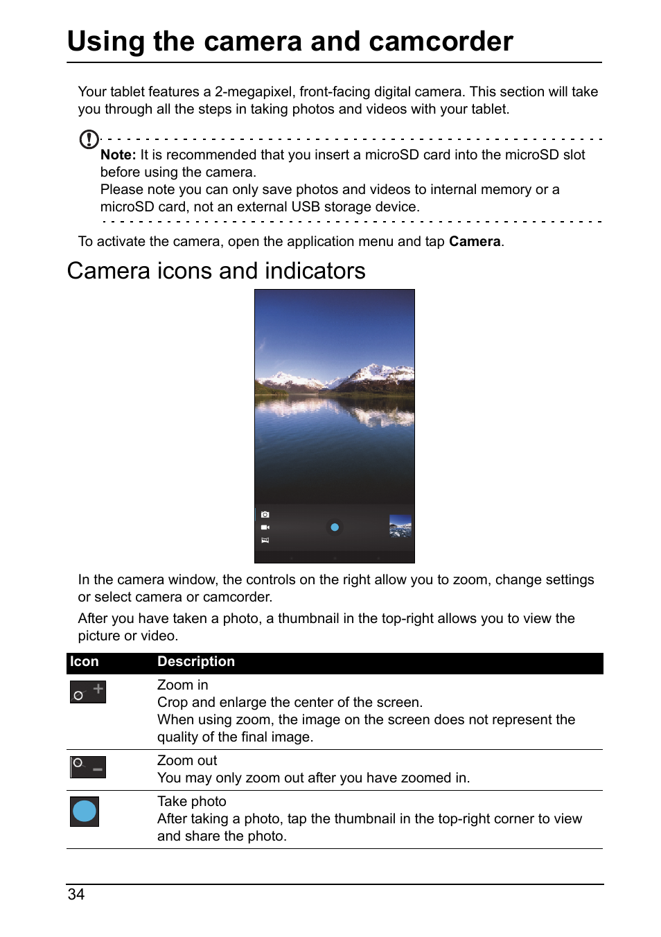 Using the camera and camcorder, Camera icons and indicators | Acer A110 User Manual | Page 34 / 48