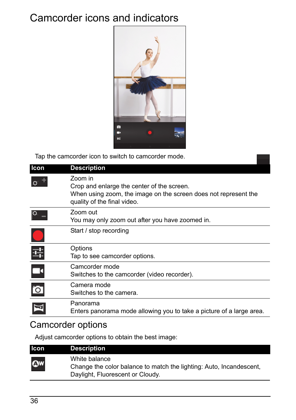 Camcorder icons and indicators, Camcorder options | Acer A110 User Manual | Page 36 / 48