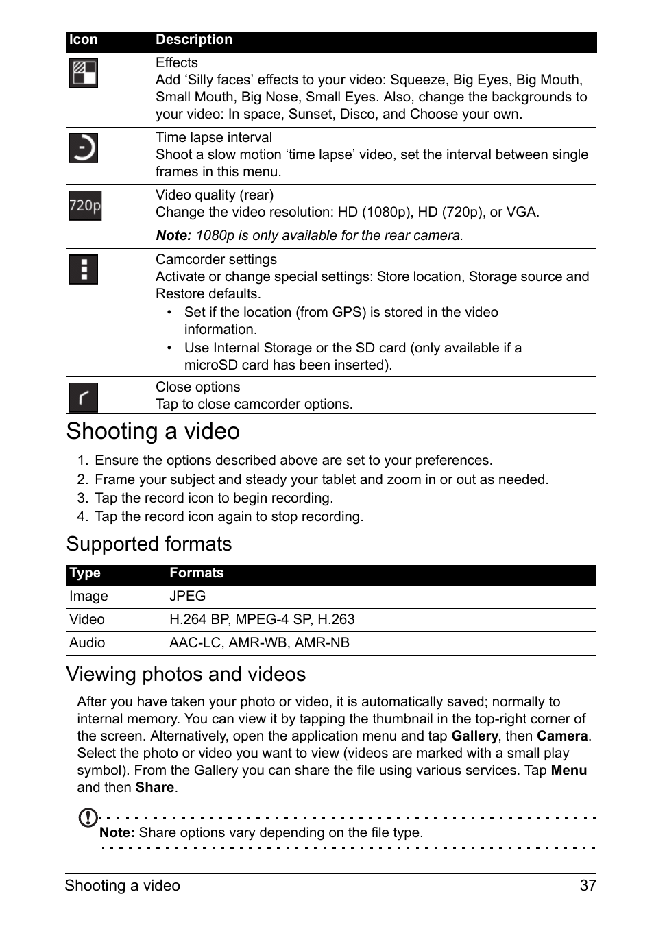 Shooting a video, Supported formats, Viewing photos and videos | Supported formats viewing photos and videos | Acer A110 User Manual | Page 37 / 48