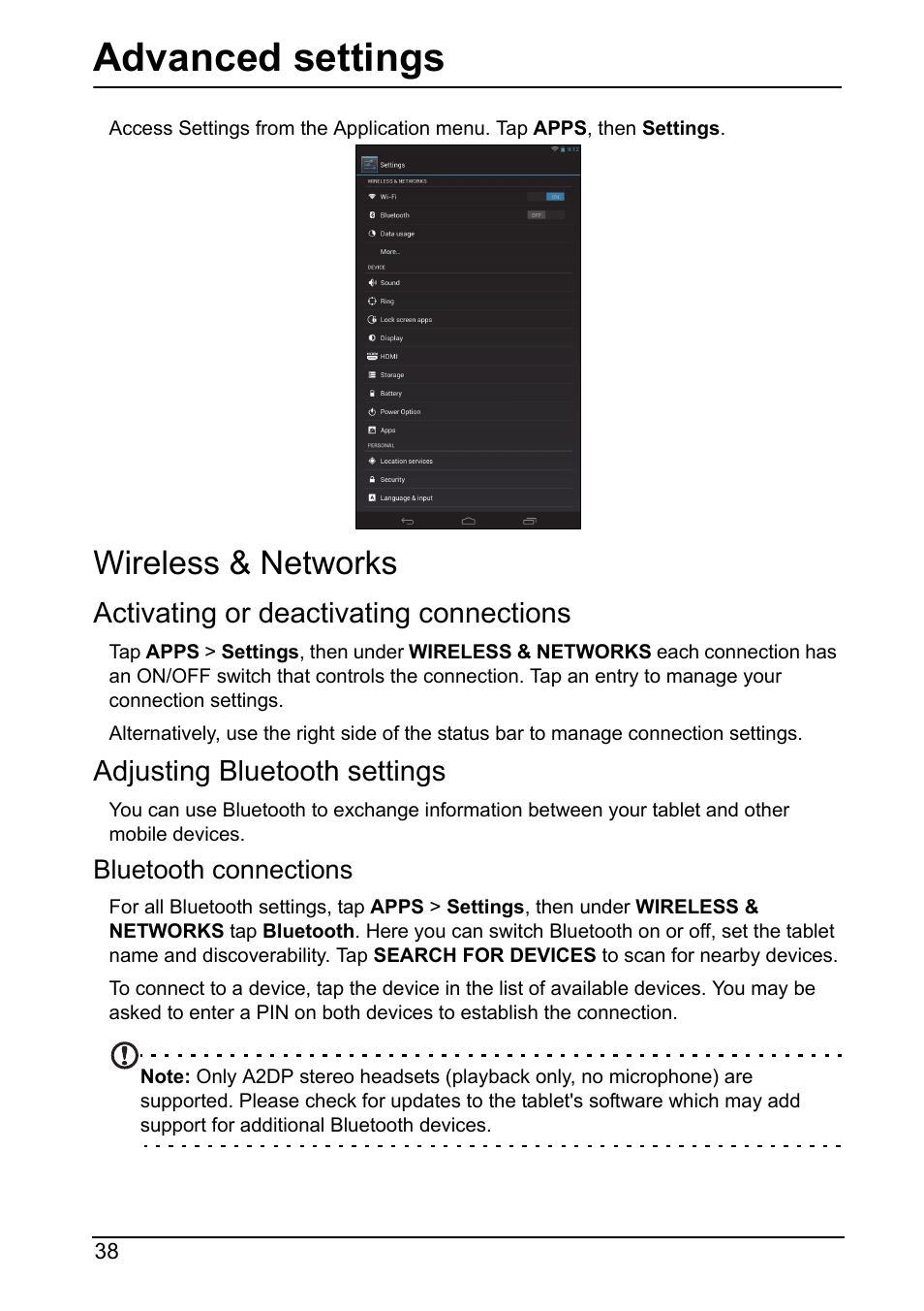 Advanced settings, Wireless & networks, Activating or deactivating connections | Adjusting bluetooth settings | Acer A110 User Manual | Page 38 / 48