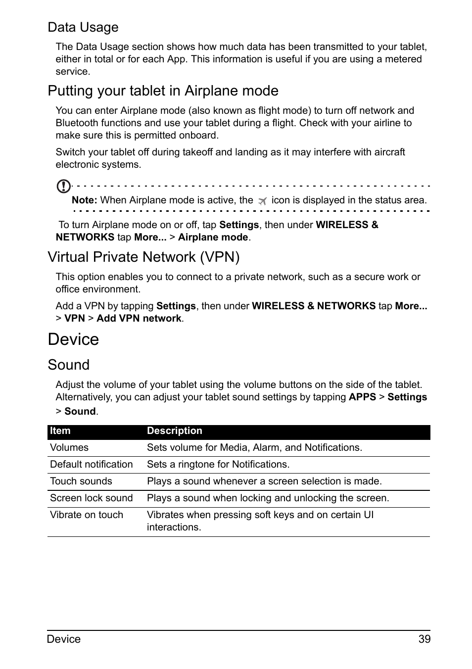 Putting your tablet in airplane mode, Virtual private network (vpn), Device | Sound, Data usage | Acer A110 User Manual | Page 39 / 48