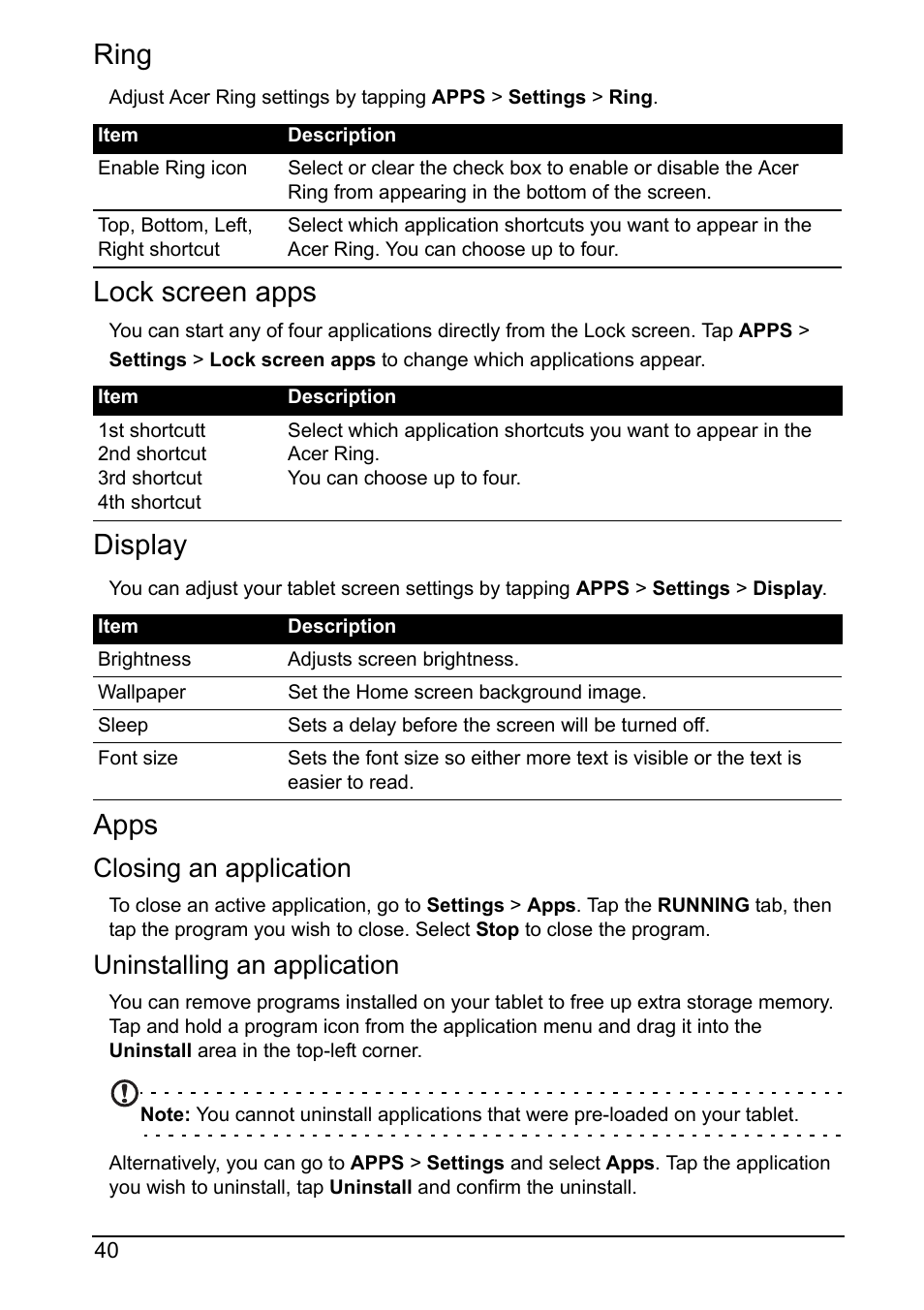 Ring, Lock screen apps, Display | Apps, Closing an application, Uninstalling an application | Acer A110 User Manual | Page 40 / 48