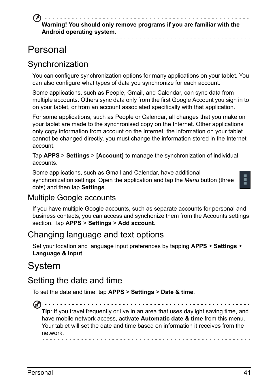 Personal, Synchronization, Changing language and text options | System, Setting the date and time | Acer A110 User Manual | Page 41 / 48