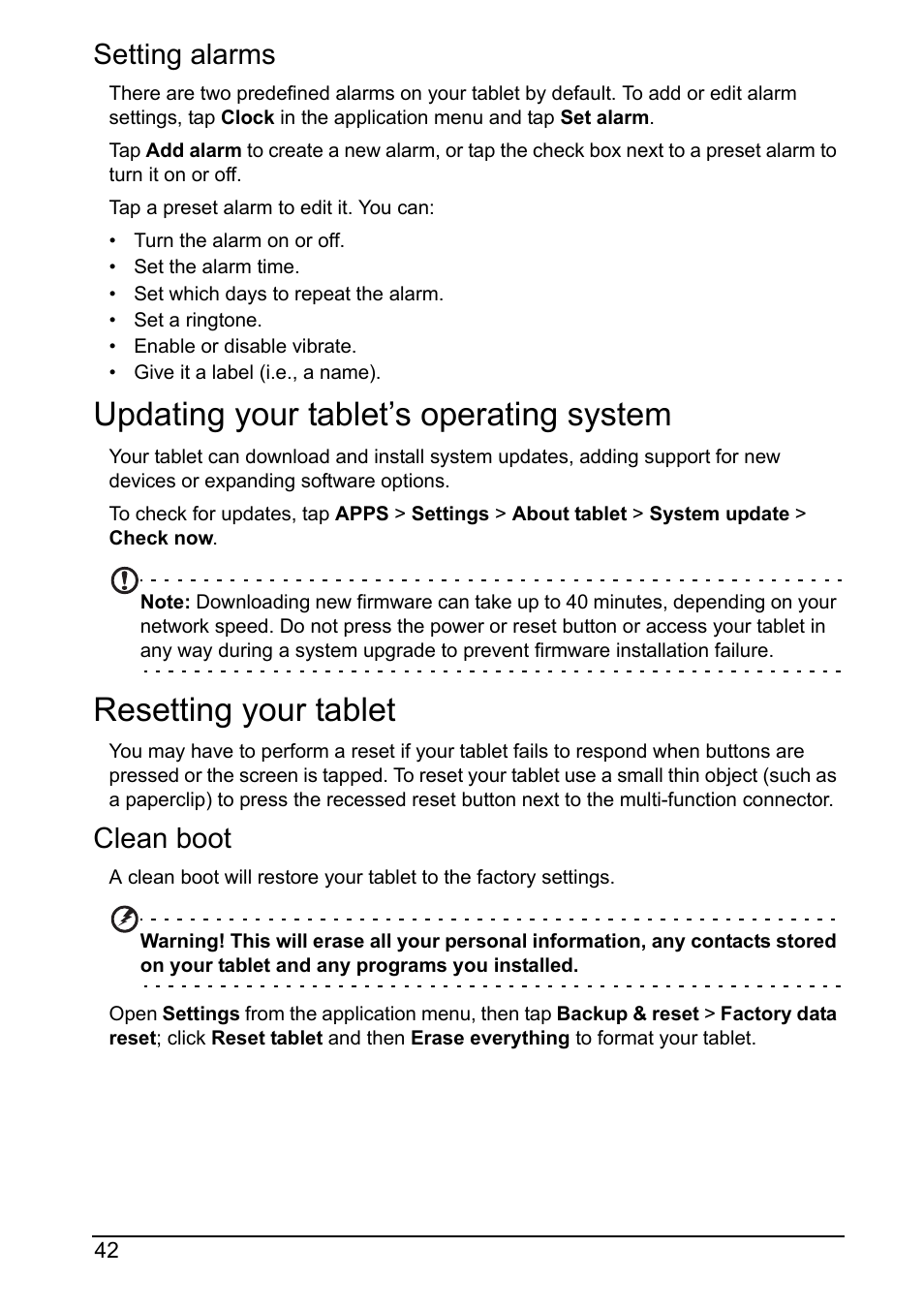 Setting alarms, Updating your tablet’s operating system, Resetting your tablet | Clean boot | Acer A110 User Manual | Page 42 / 48