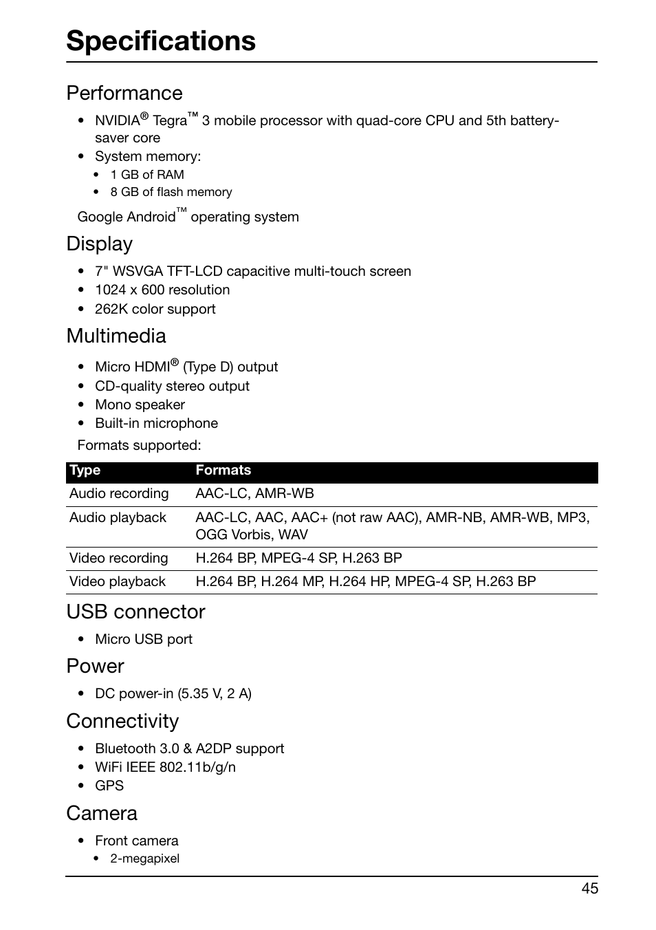 Specifications, Performance, Display | Multimedia, Usb connector, Power, Connectivity, Camera | Acer A110 User Manual | Page 45 / 48