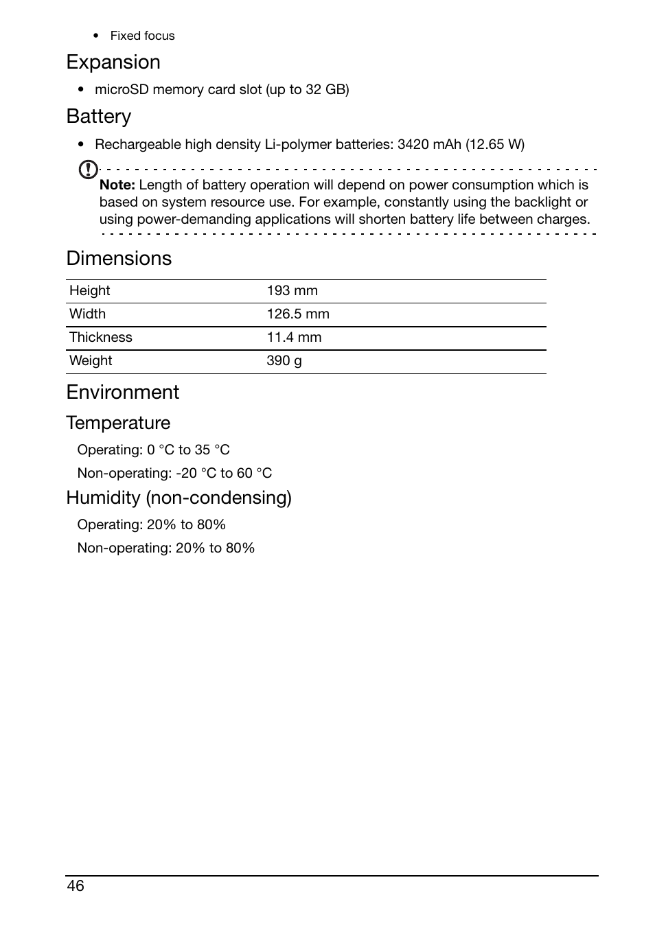 Expansion, Battery, Dimensions | Environment, Dimensions environment, Temperature, Humidity (non-condensing) | Acer A110 User Manual | Page 46 / 48