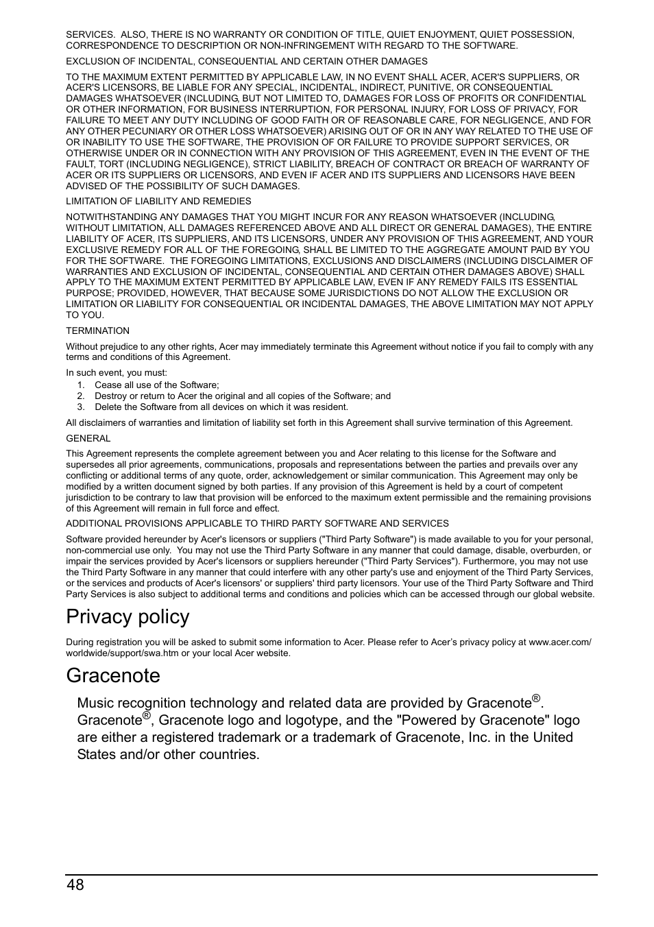Privacy policy, Gracenote | Acer A110 User Manual | Page 48 / 48