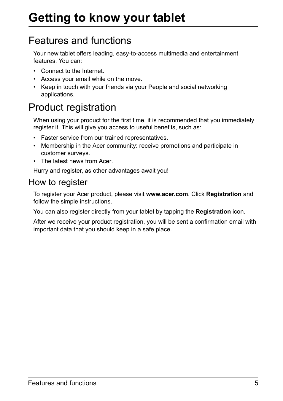 Getting to know your tablet, Features and functions, Product registration | How to register | Acer A110 User Manual | Page 5 / 48