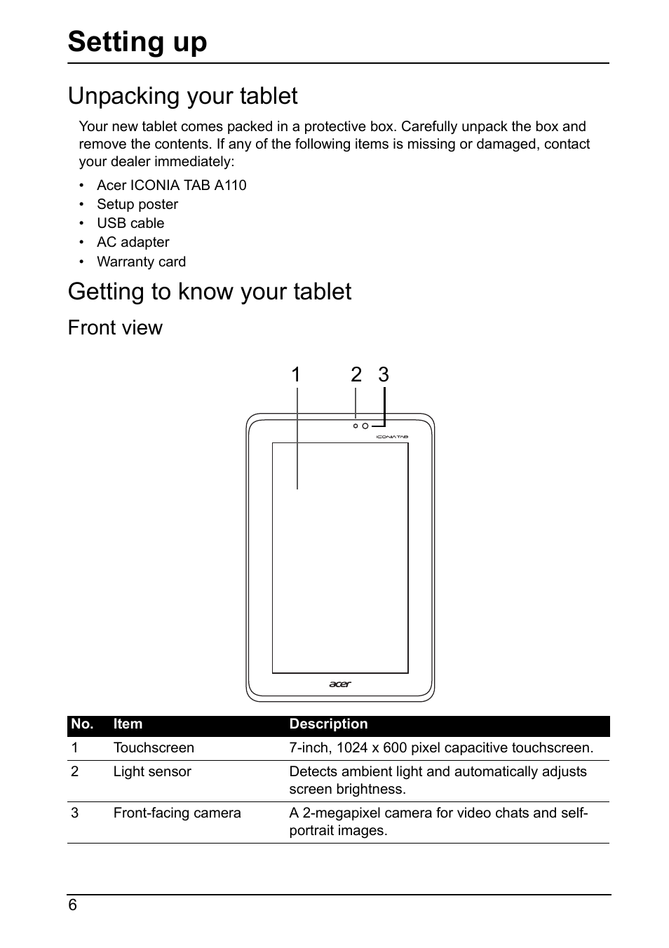 Setting up, Unpacking your tablet, Getting to know your tablet | Front view, Front 1 2 3 view | Acer A110 User Manual | Page 6 / 48