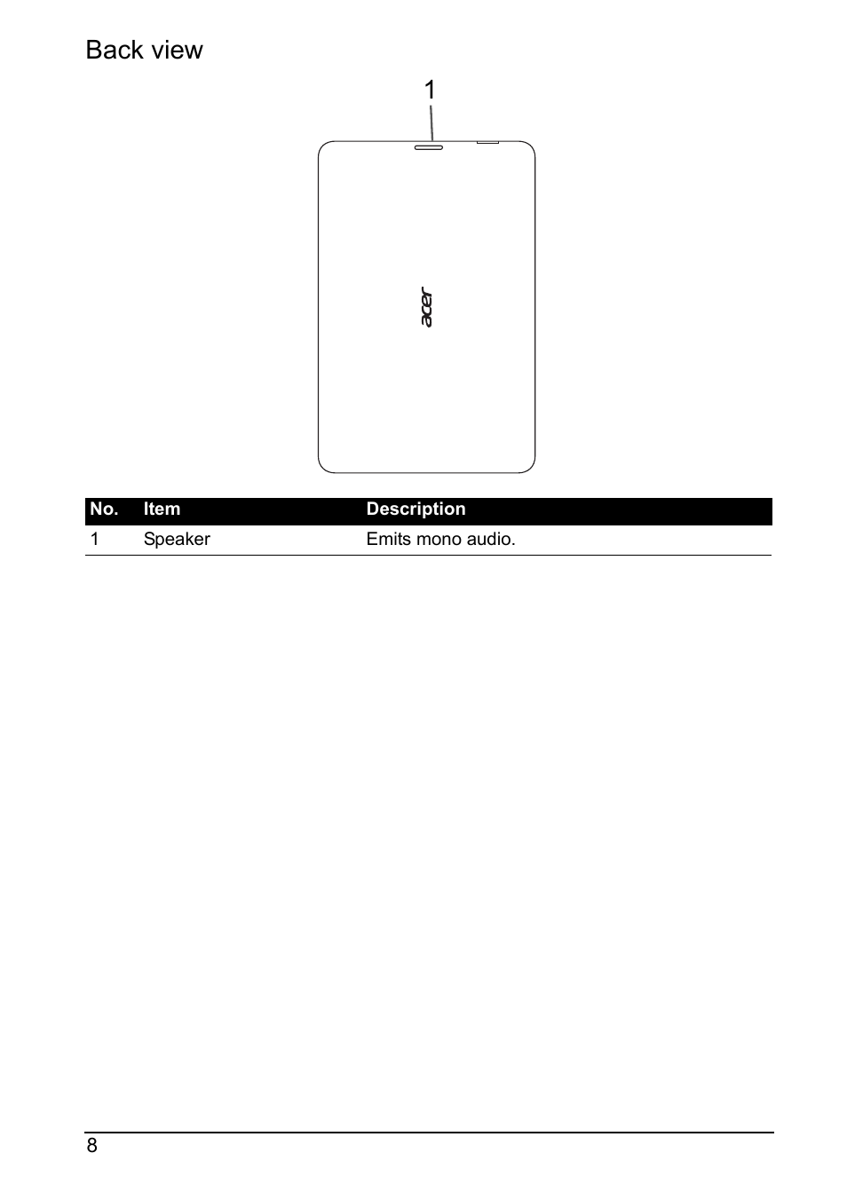 Back view, Back 1 view | Acer A110 User Manual | Page 8 / 48