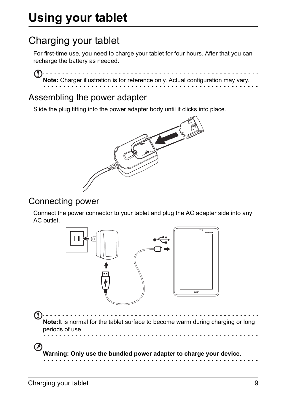 Using your tablet, Charging your tablet, Assembling the power adapter | Connecting power | Acer A110 User Manual | Page 9 / 48