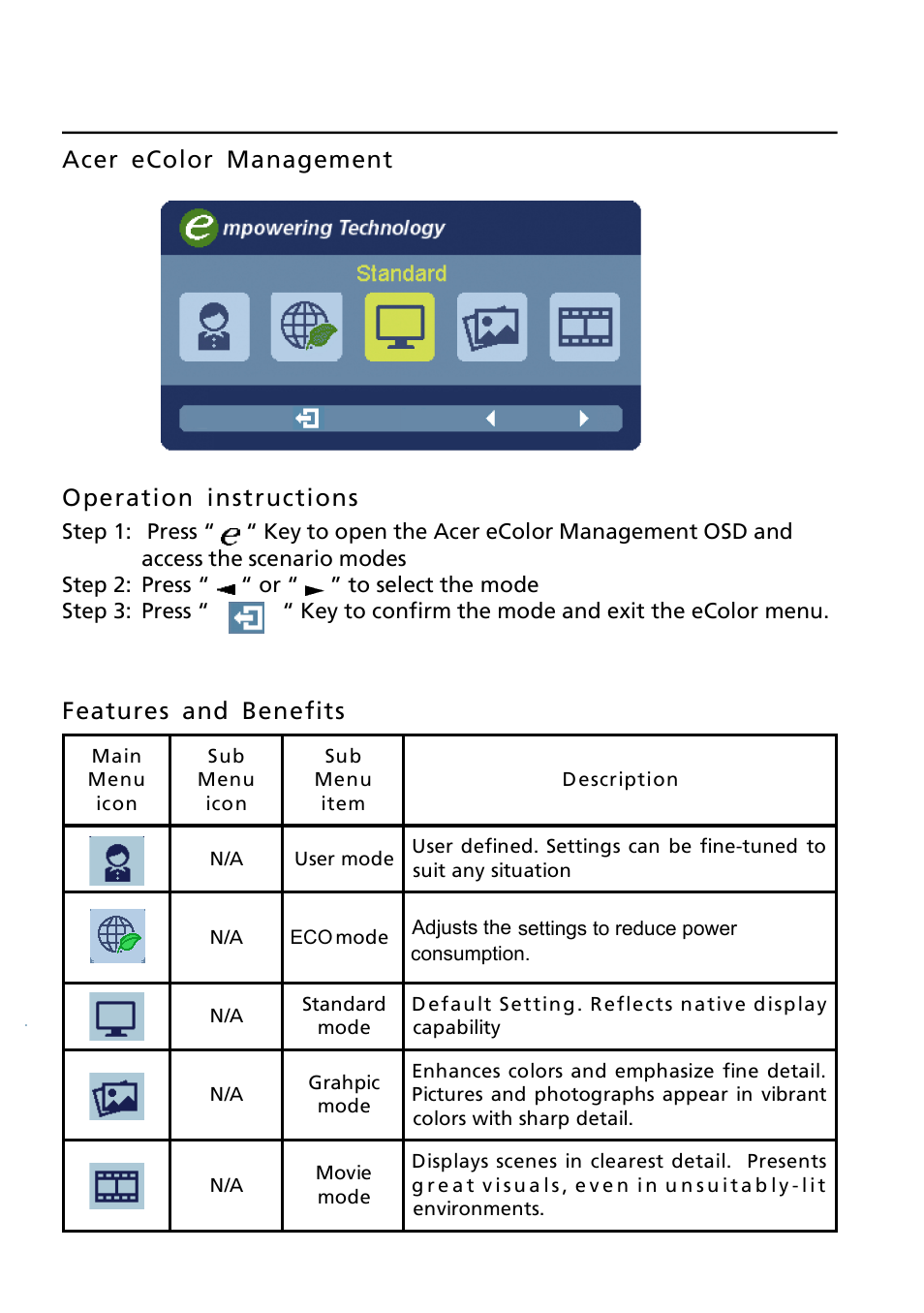 Acer ecolor management operation instructions, Features and benefits | Acer B296CL User Manual | Page 23 / 28