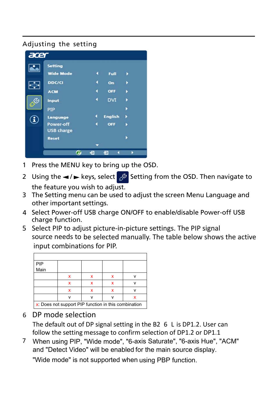 Dp mode selection | Acer B296CL User Manual | Page 26 / 28