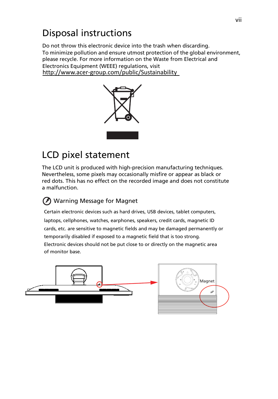 Disposal instructions, Lcd pixel statement | Acer B296CL User Manual | Page 7 / 28