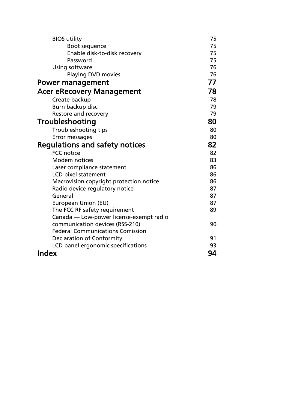Power management 77 acer erecovery management 78, Troubleshooting 80, Regulations and safety notices 82 | Index 94 | Acer Aspire 4720G User Manual | Page 18 / 113
