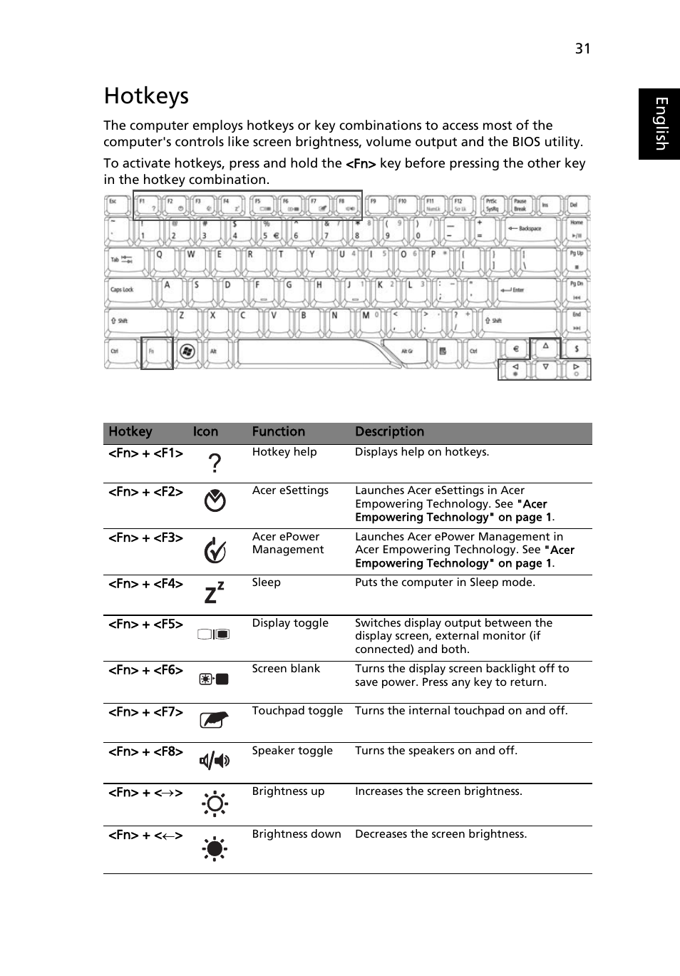 Hotkeys, Eng lis h | Acer Aspire 4720G User Manual | Page 49 / 113