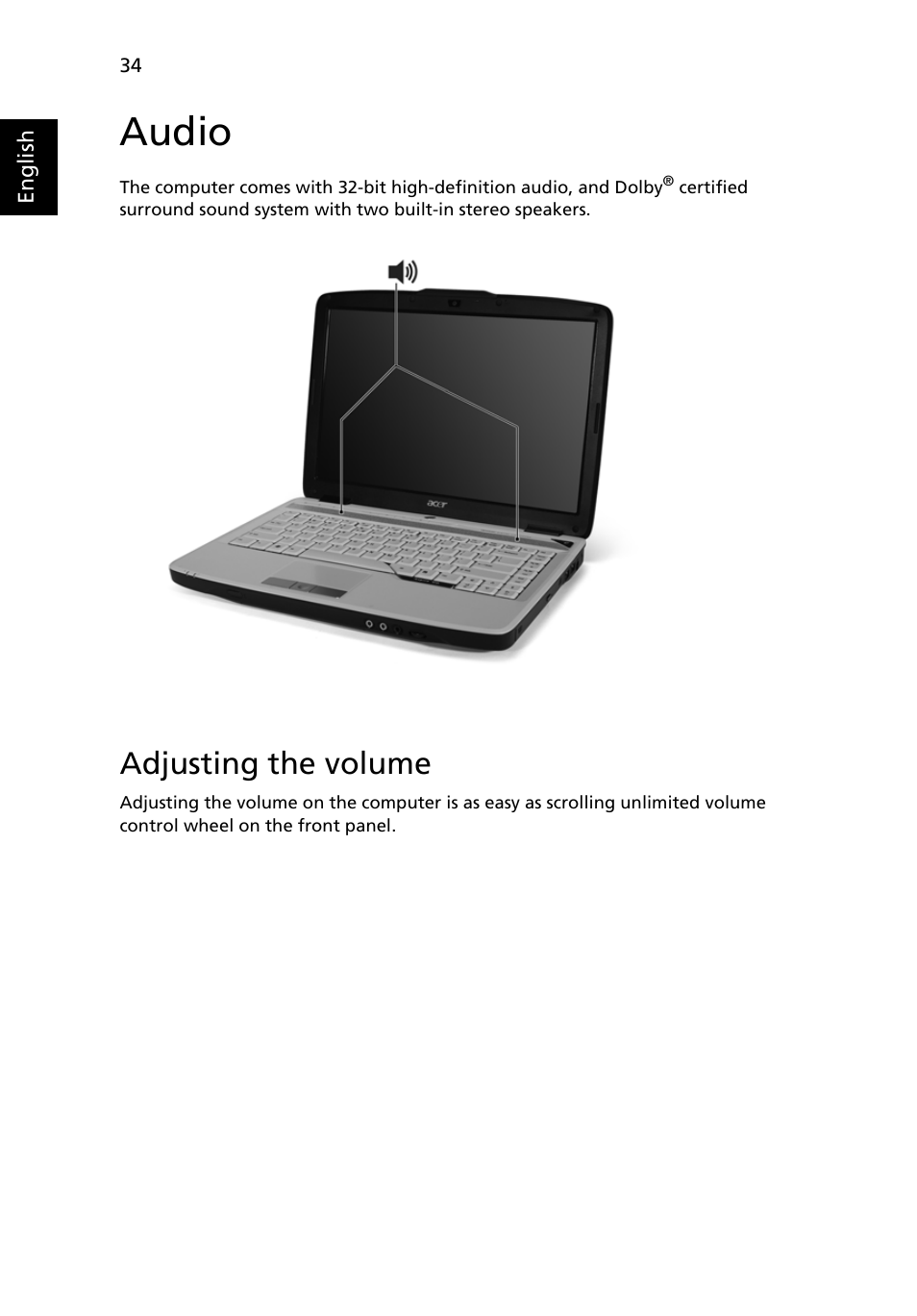 Audio, Adjusting the volume | Acer Aspire 4720G User Manual | Page 52 / 113