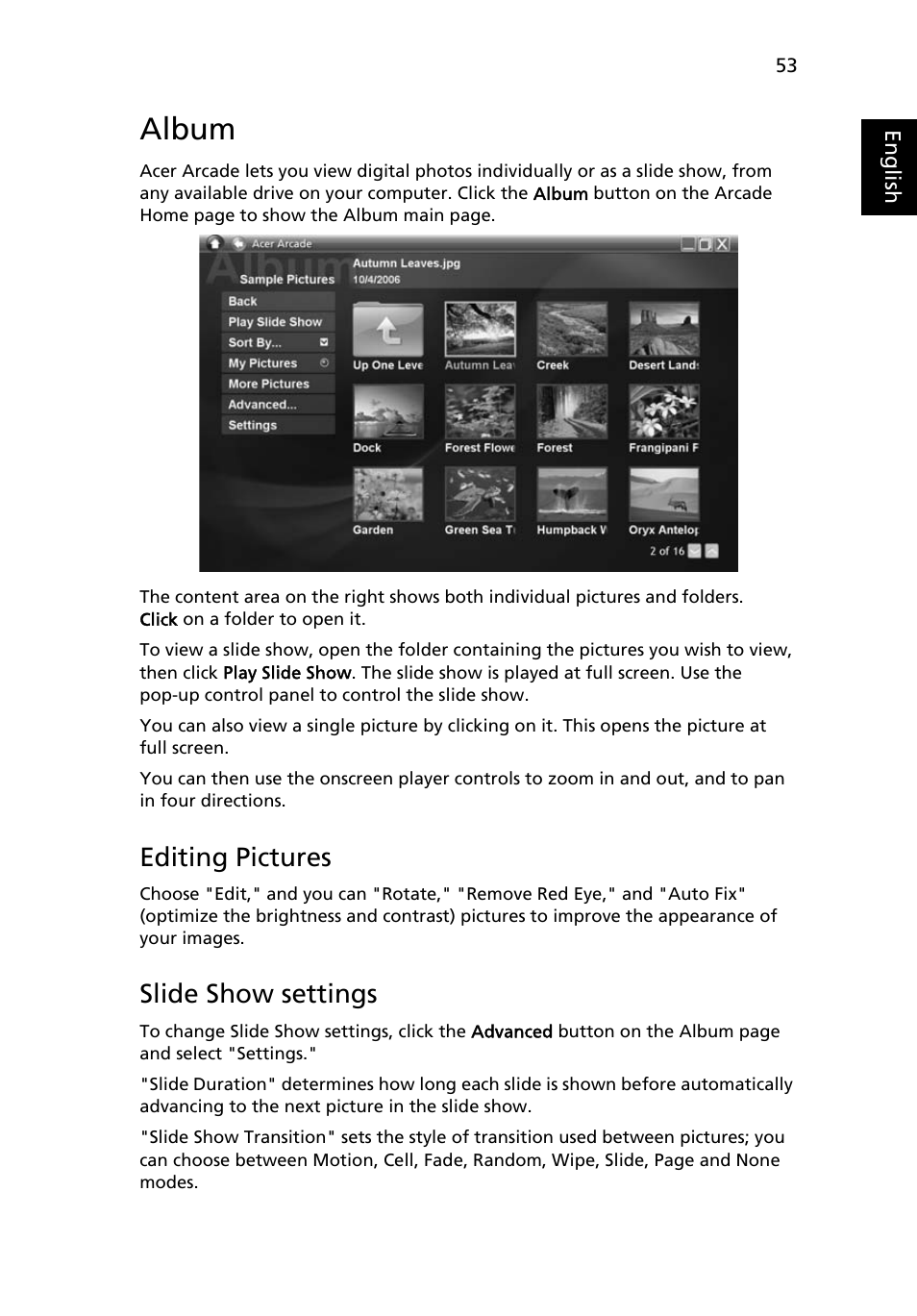 Album, Editing pictures, Slide show settings | Video | Acer Aspire 4720G User Manual | Page 71 / 113