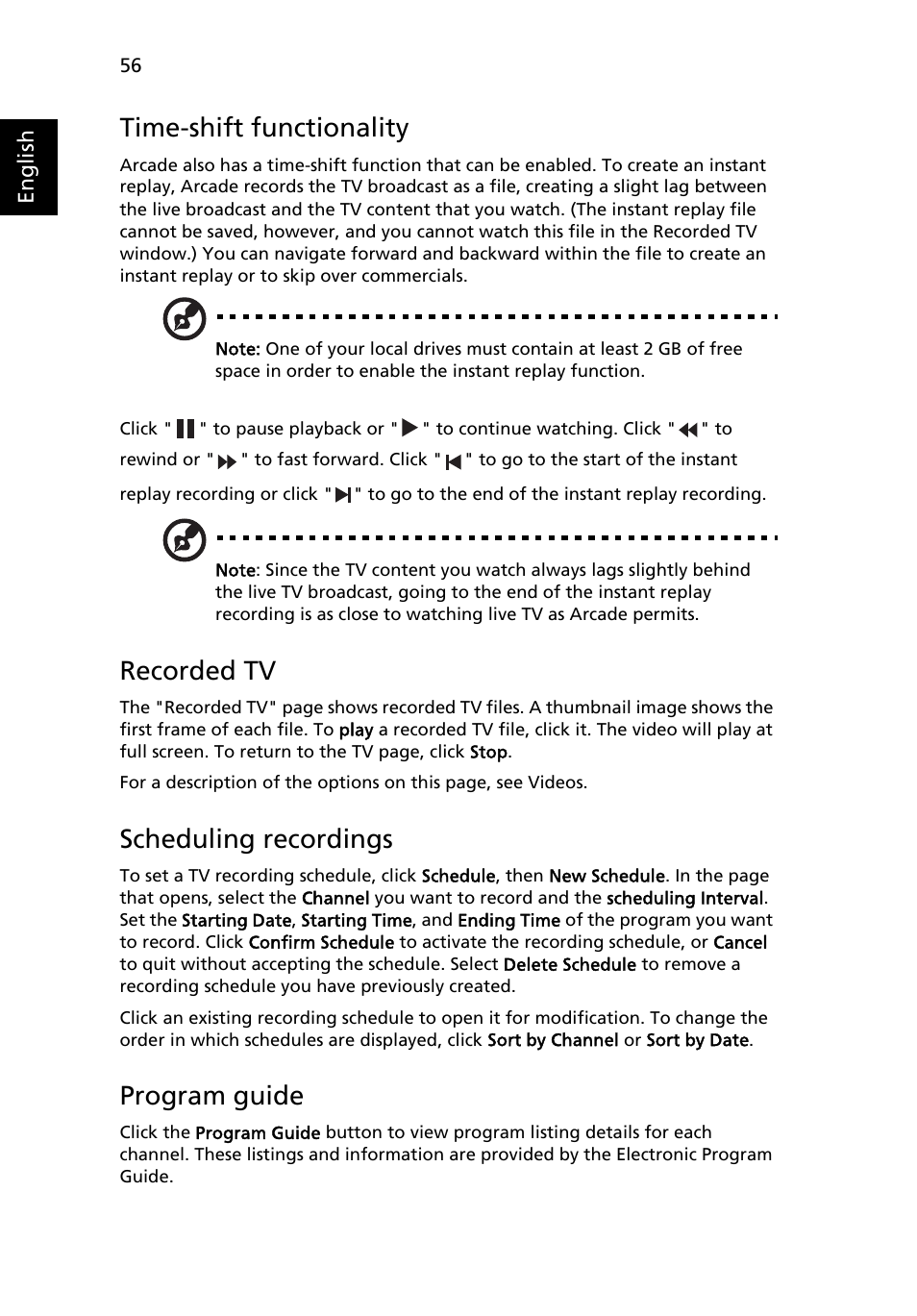 Recorded tv, Scheduling recordings, Program guide | Time-shift functionality | Acer Aspire 4720G User Manual | Page 74 / 113