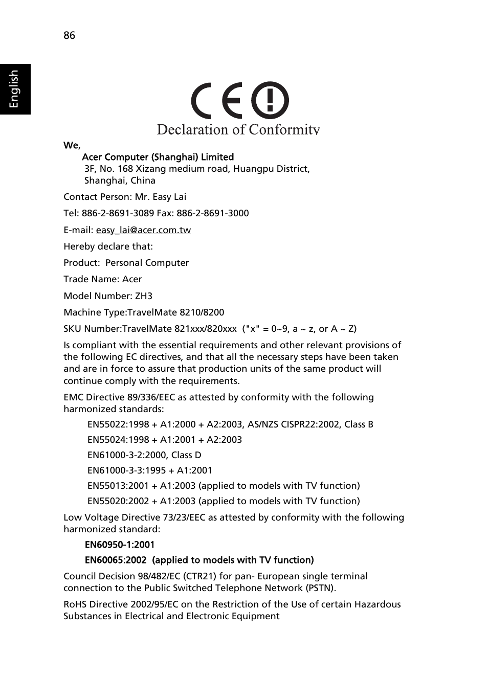 English | Acer TravelMate 8200 User Manual | Page 104 / 107