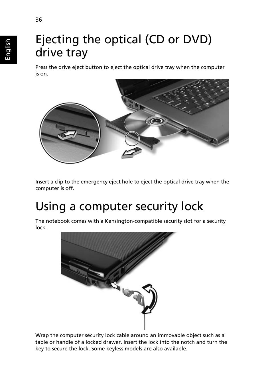 Ejecting the optical (cd or dvd) drive tray, Using a computer security lock | Acer TravelMate 8200 User Manual | Page 54 / 107