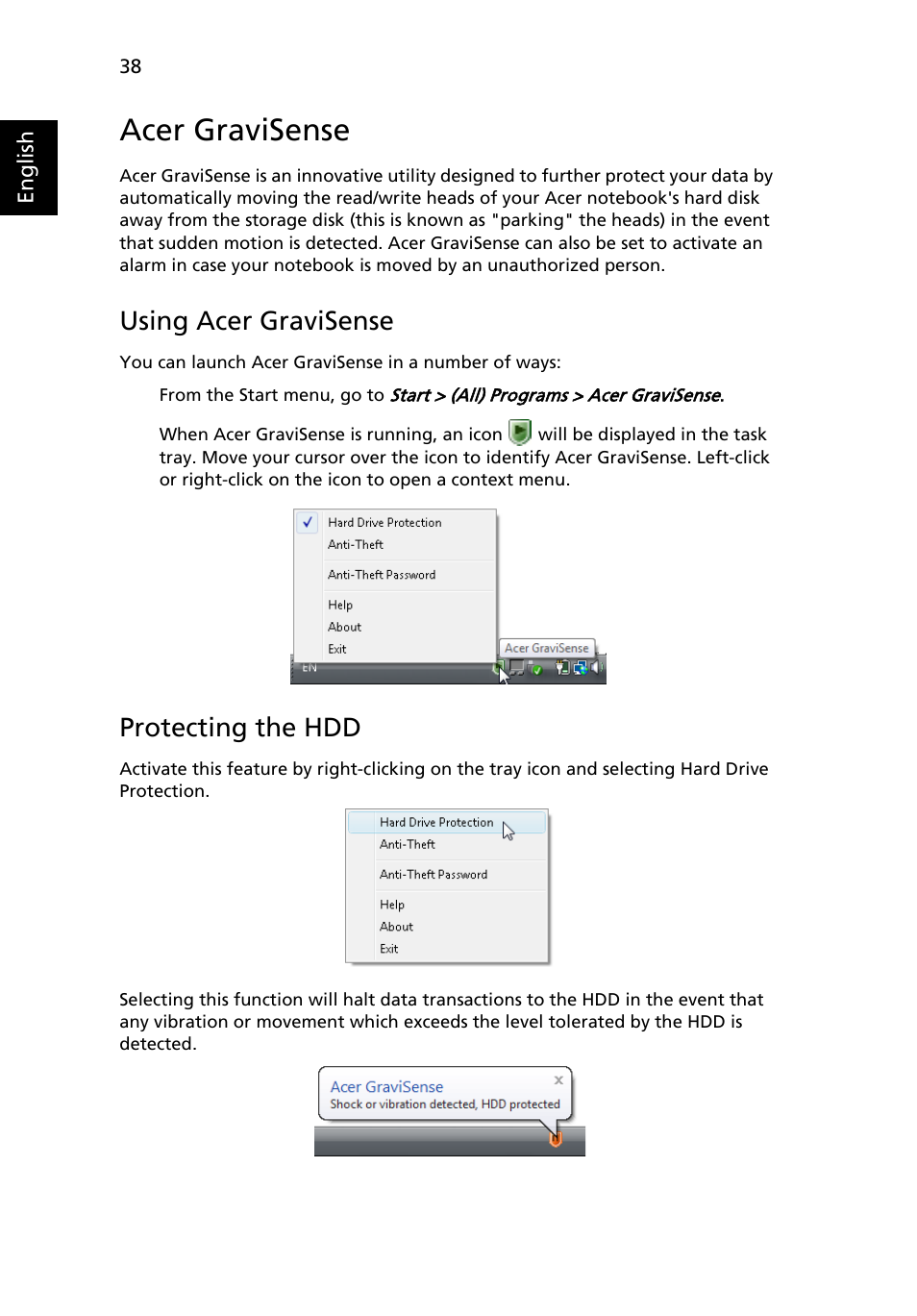 Acer gravisense, Using acer gravisense, Protecting the hdd | Acer TravelMate 8200 User Manual | Page 56 / 107