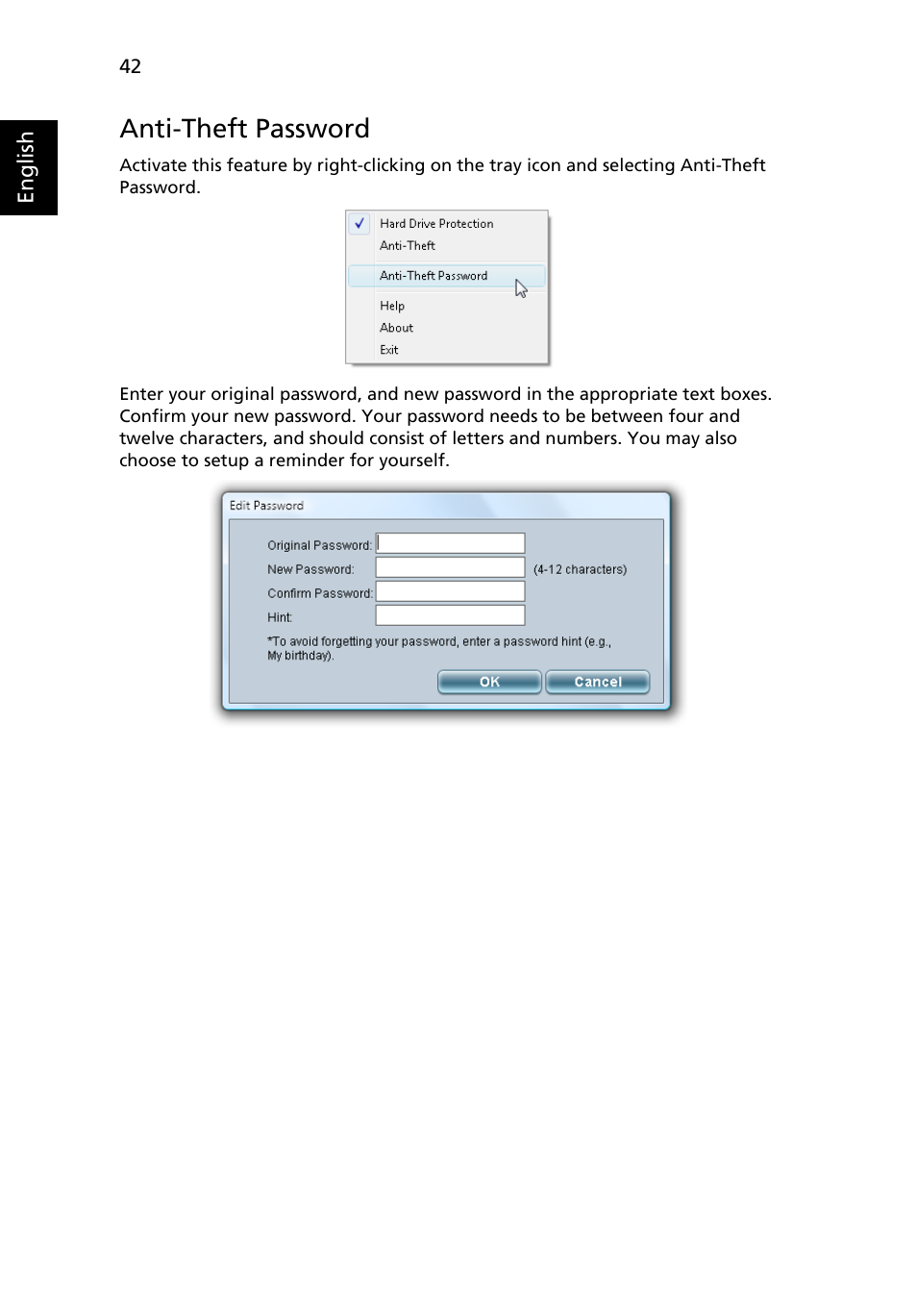 Anti-theft password | Acer TravelMate 8200 User Manual | Page 60 / 107