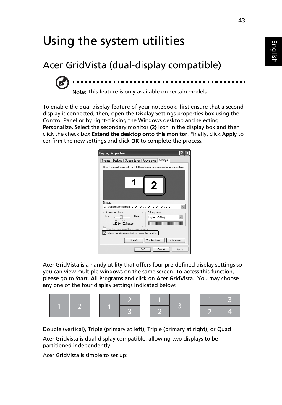 Using the system utilities, Acer gridvista (dual-display compatible) | Acer TravelMate 8200 User Manual | Page 61 / 107