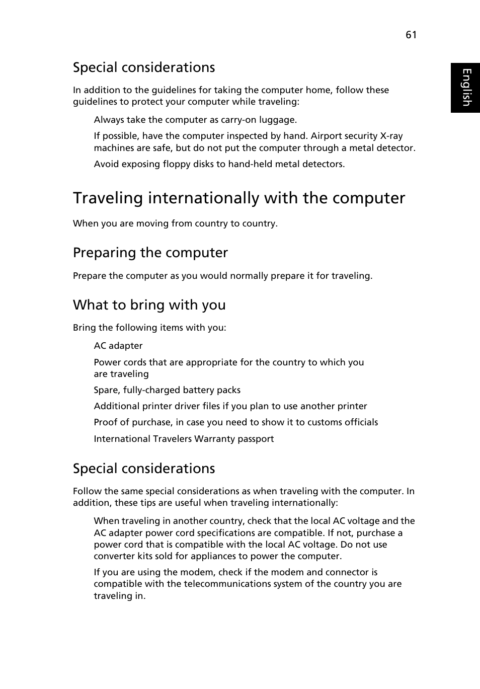 Traveling internationally with the computer, Special considerations, Preparing the computer | What to bring with you | Acer TravelMate 8200 User Manual | Page 79 / 107