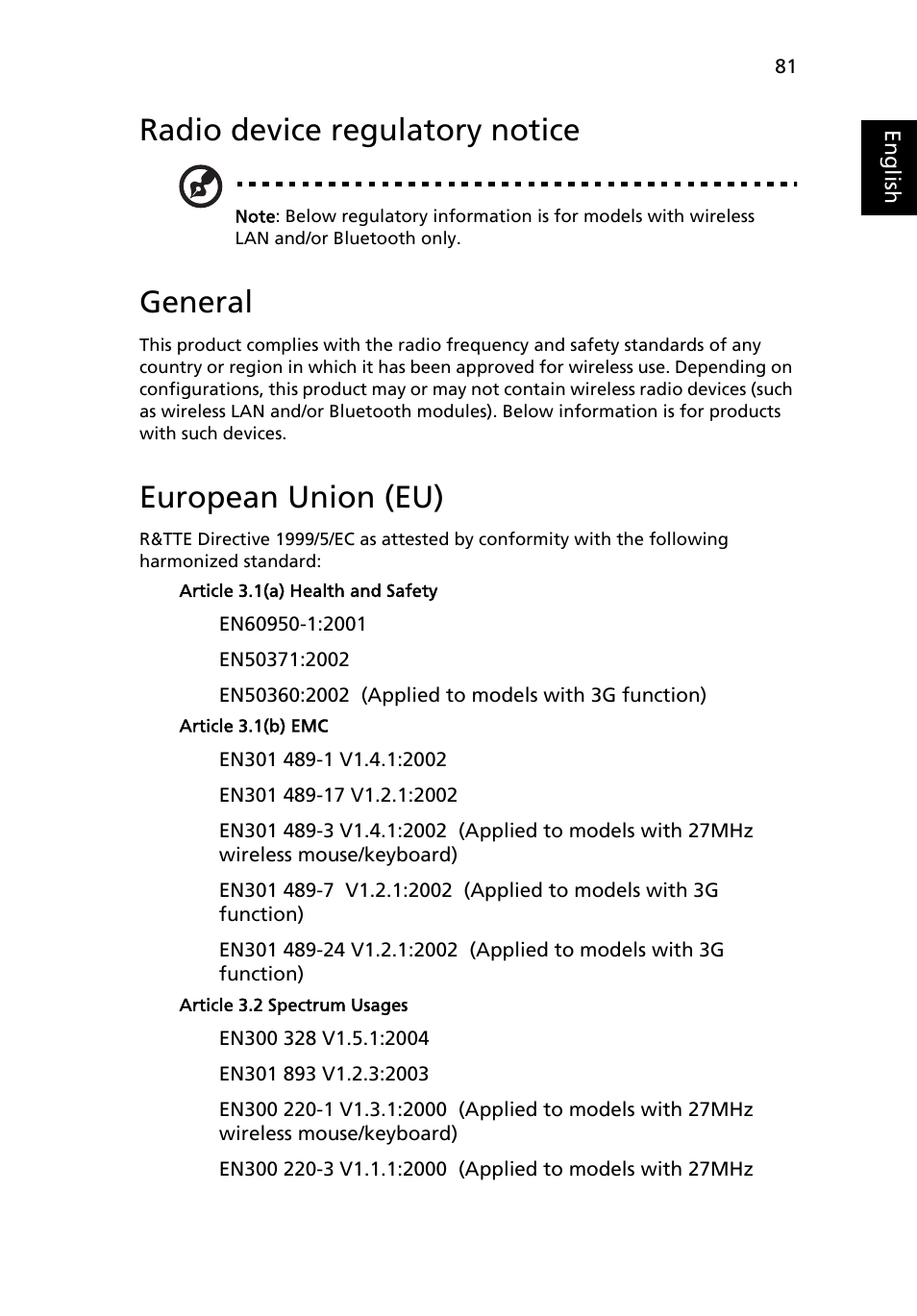 Radio device regulatory notice, General, European union (eu) | Acer TravelMate 8200 User Manual | Page 99 / 107