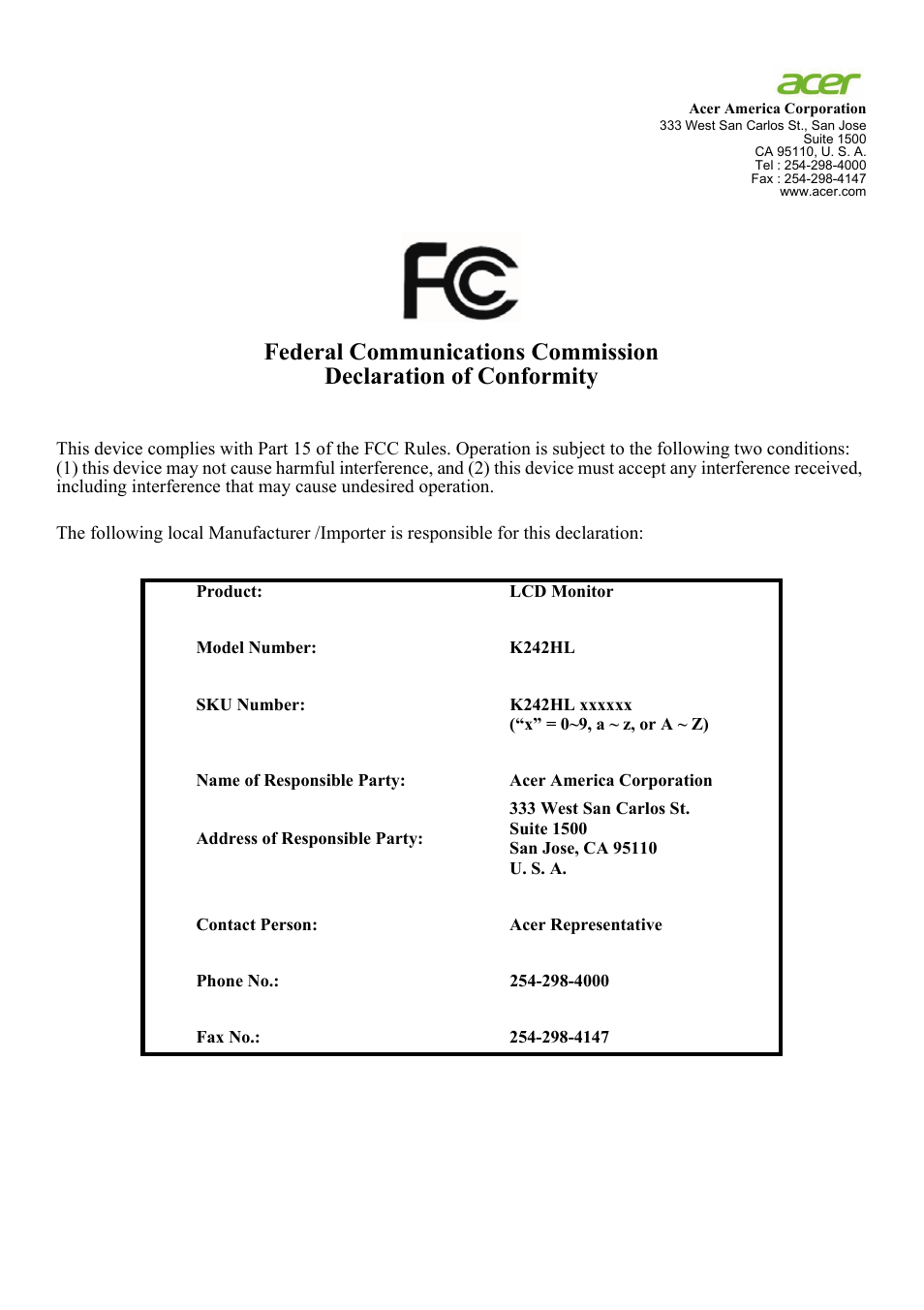Acer K242HL User Manual | Page 11 / 27