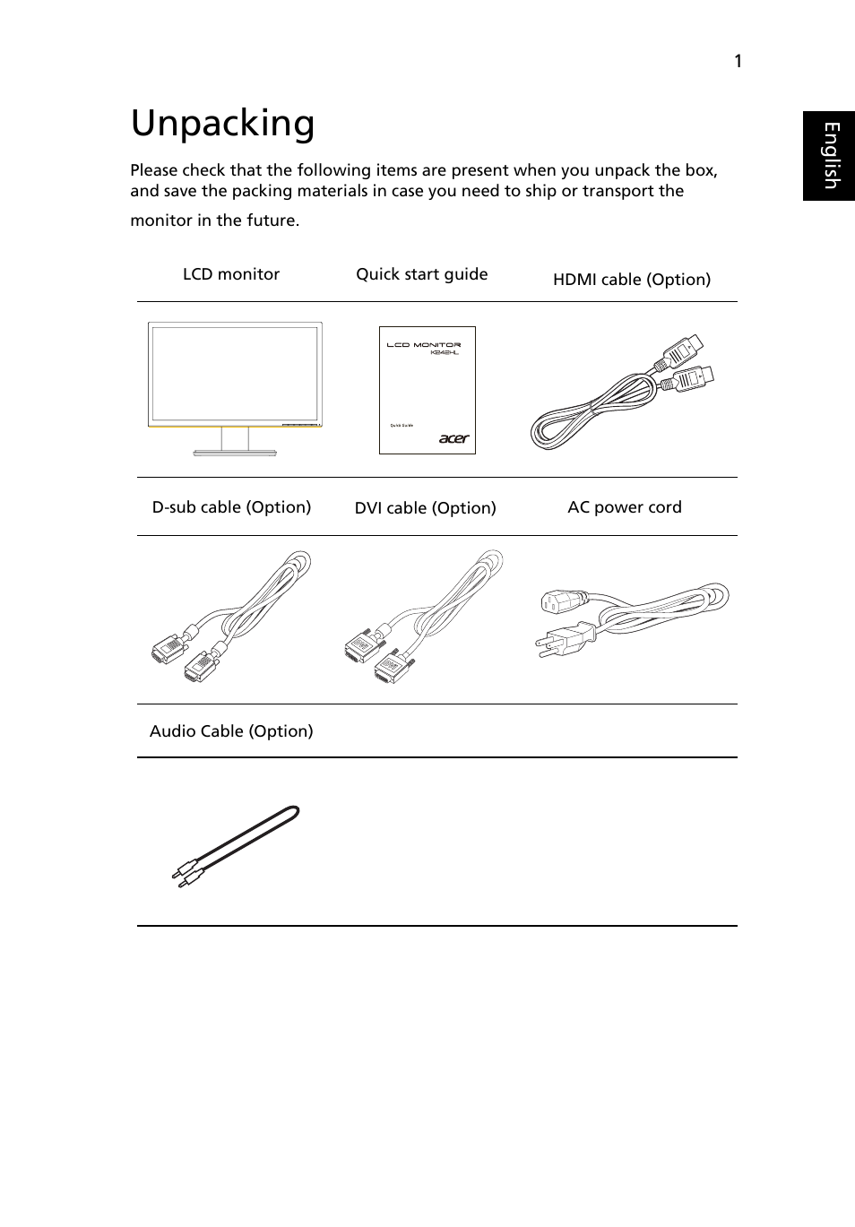 Unpacking | Acer K242HL User Manual | Page 13 / 27