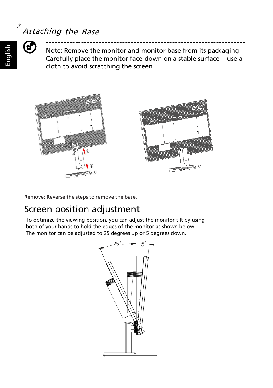 Screen position adjustment, Attaching the base | Acer K242HL User Manual | Page 14 / 27