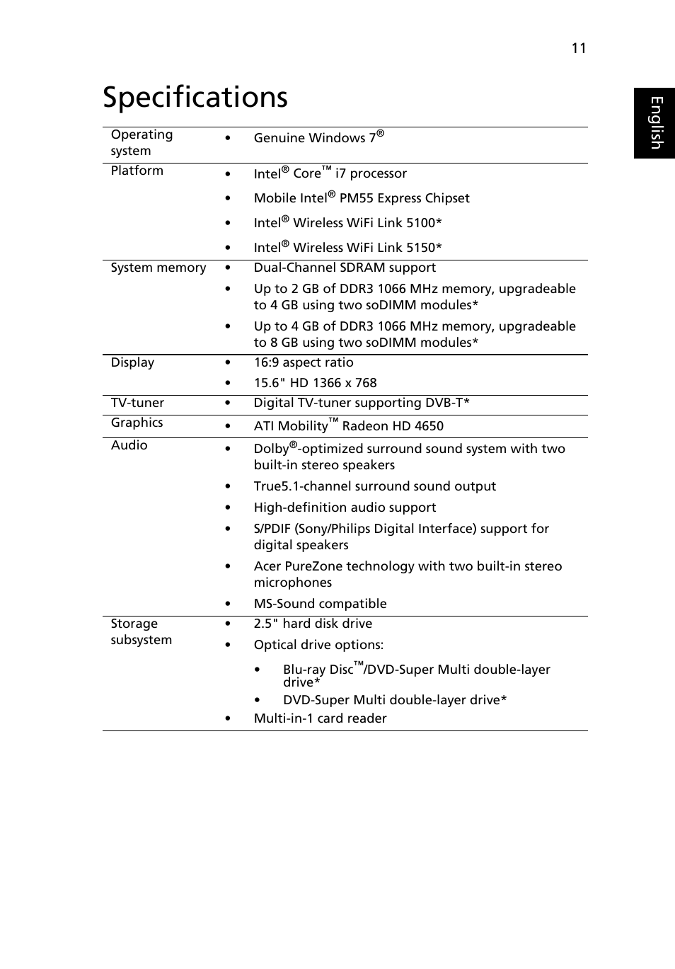 Specifications, Eng lis h | Acer Aspire 5940G User Manual | Page 11 / 21
