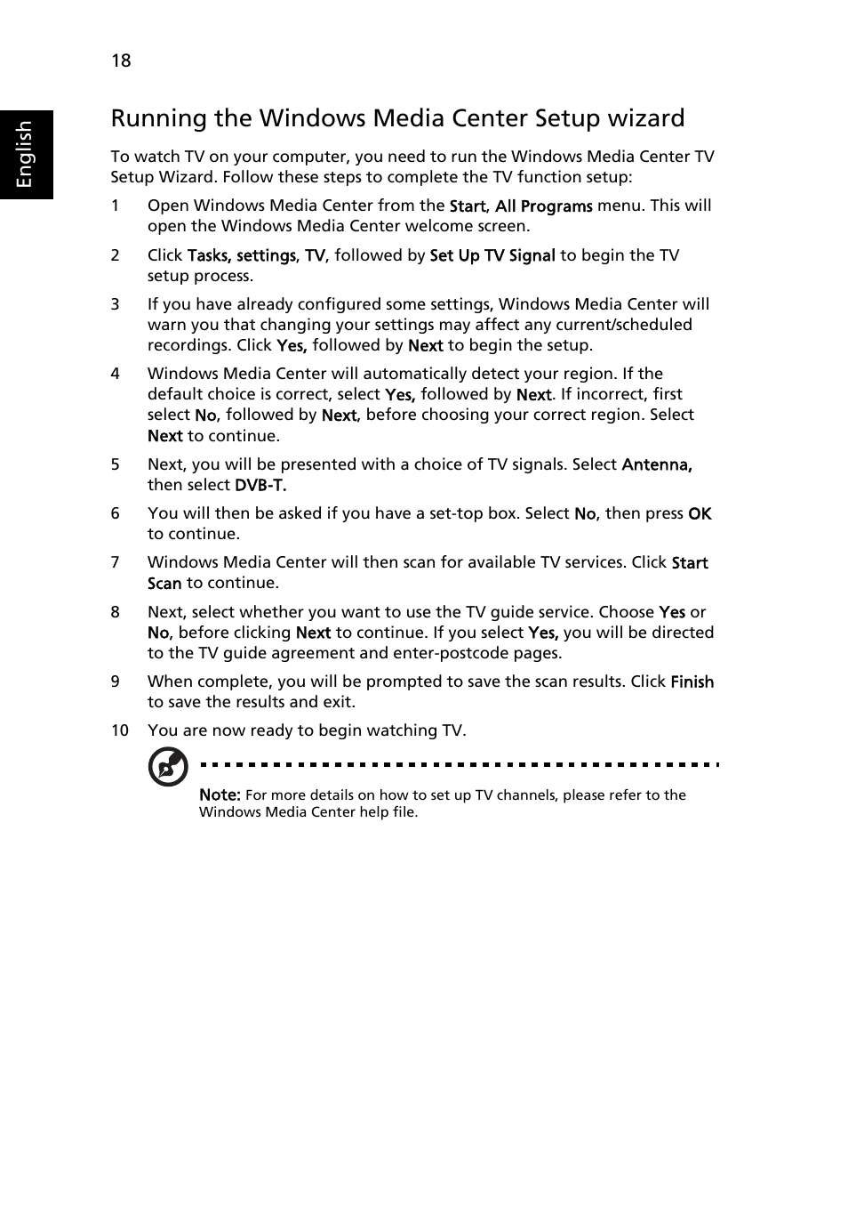 Running the windows media center setup wizard, English | Acer Aspire 5940G User Manual | Page 18 / 21