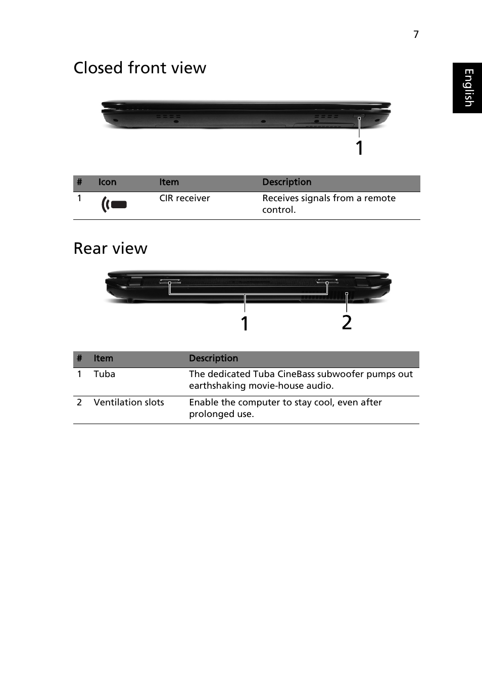 Closed front view, Rear view, Closed front view rear view | Acer Aspire 5940G User Manual | Page 7 / 21