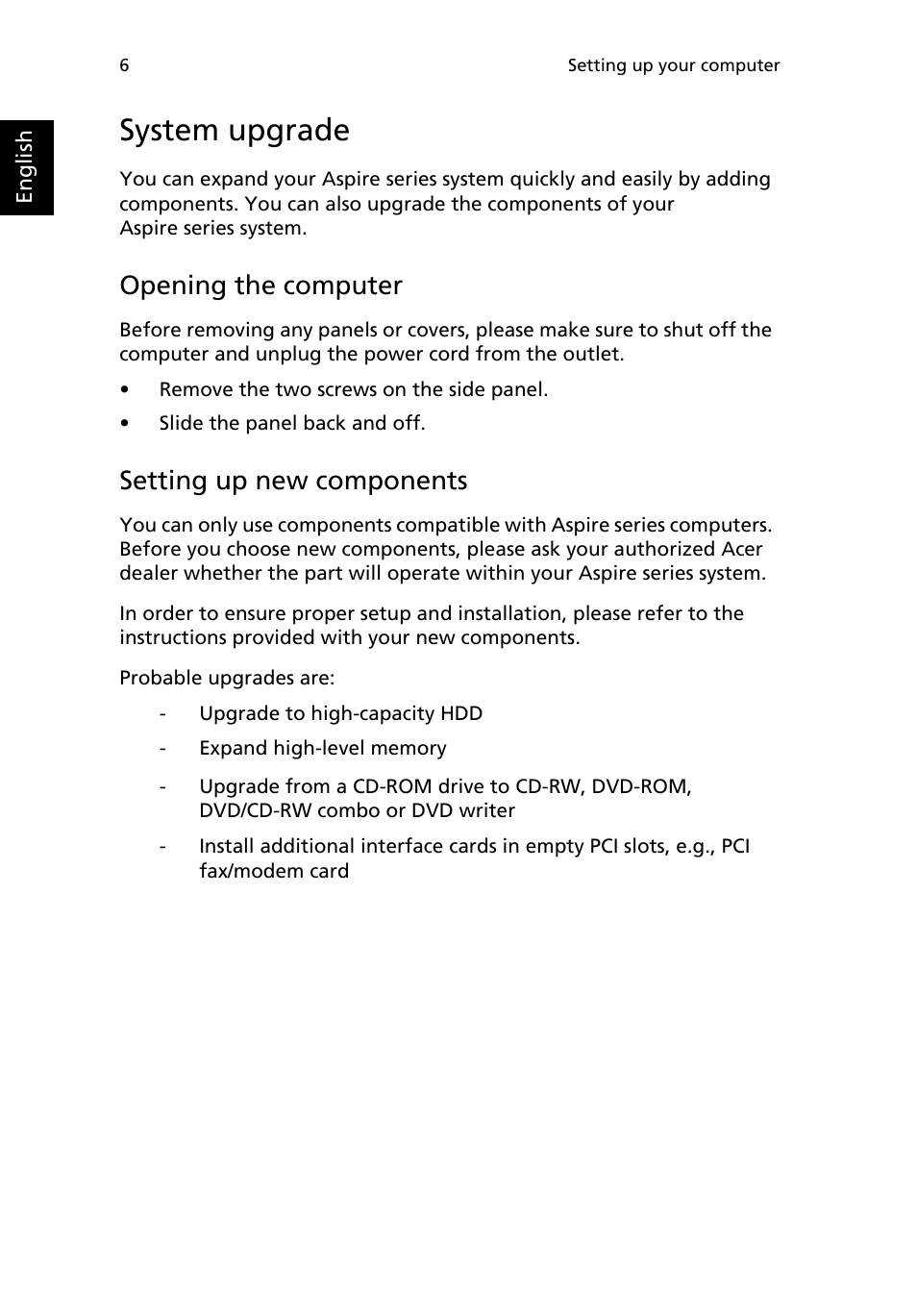System upgrade, Opening the computer, Setting up new components | Acer Aspire T650 User Manual | Page 10 / 22