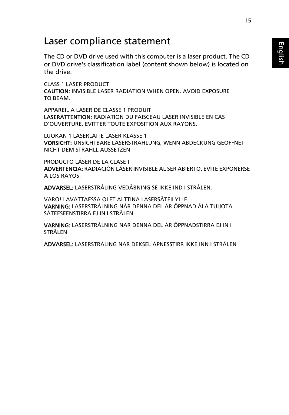 Laser compliance statement | Acer Aspire T650 User Manual | Page 19 / 22