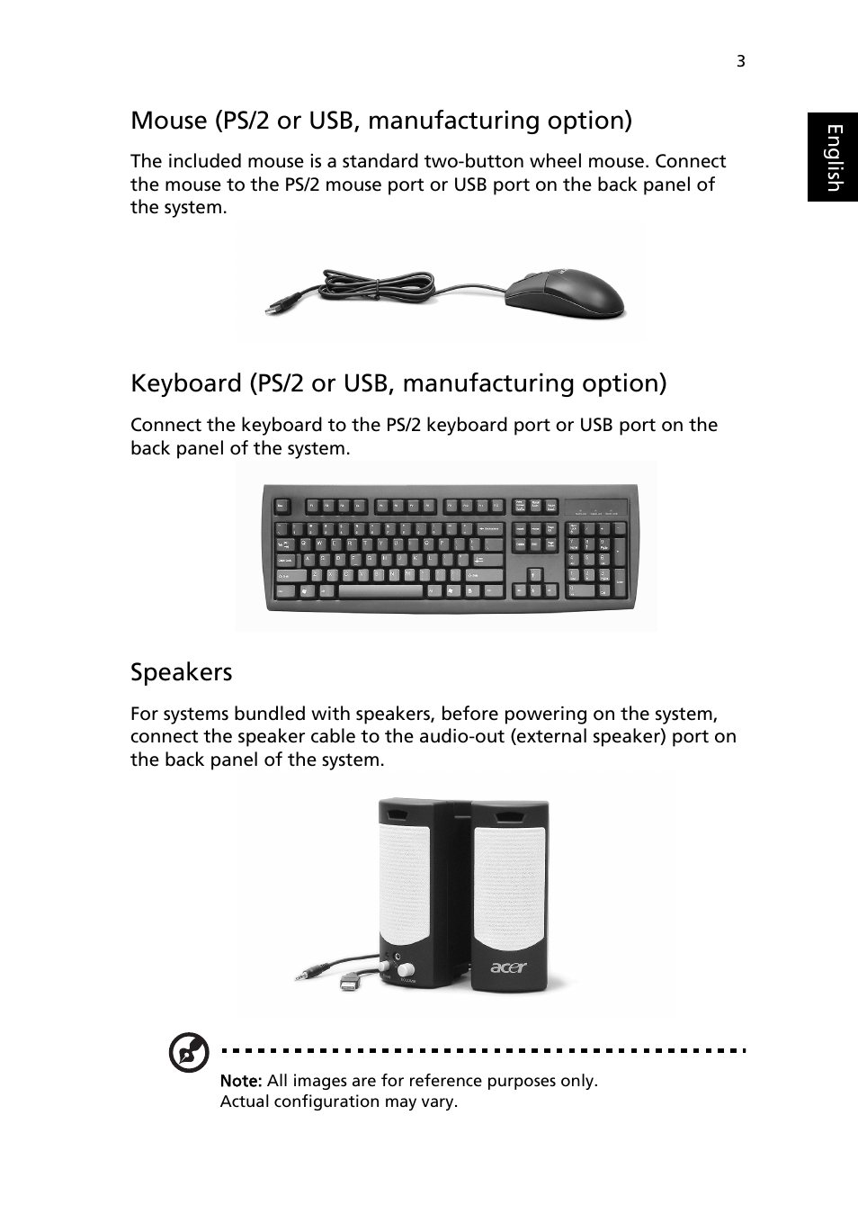 Mouse (ps/2 or usb, manufacturing option), Keyboard (ps/2 or usb, manufacturing option), Speakers | Acer Aspire T650 User Manual | Page 7 / 22