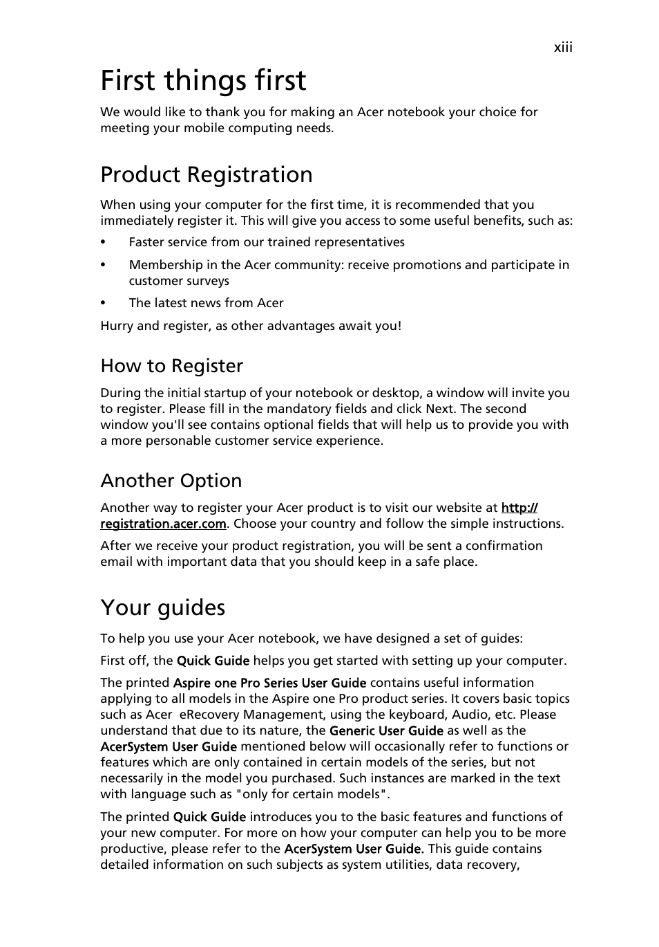 First things first, Product registration, Your guides | How to register, Another option | Acer AOP531h User Manual | Page 13 / 54