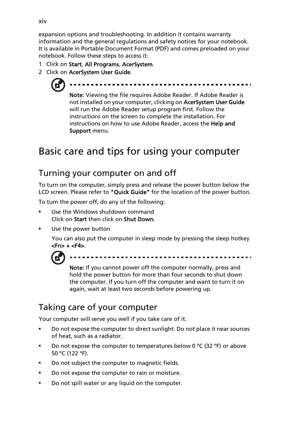 Basic care and tips for using your computer, Turning your computer on and off, Taking care of your computer | Acer AOP531h User Manual | Page 14 / 54