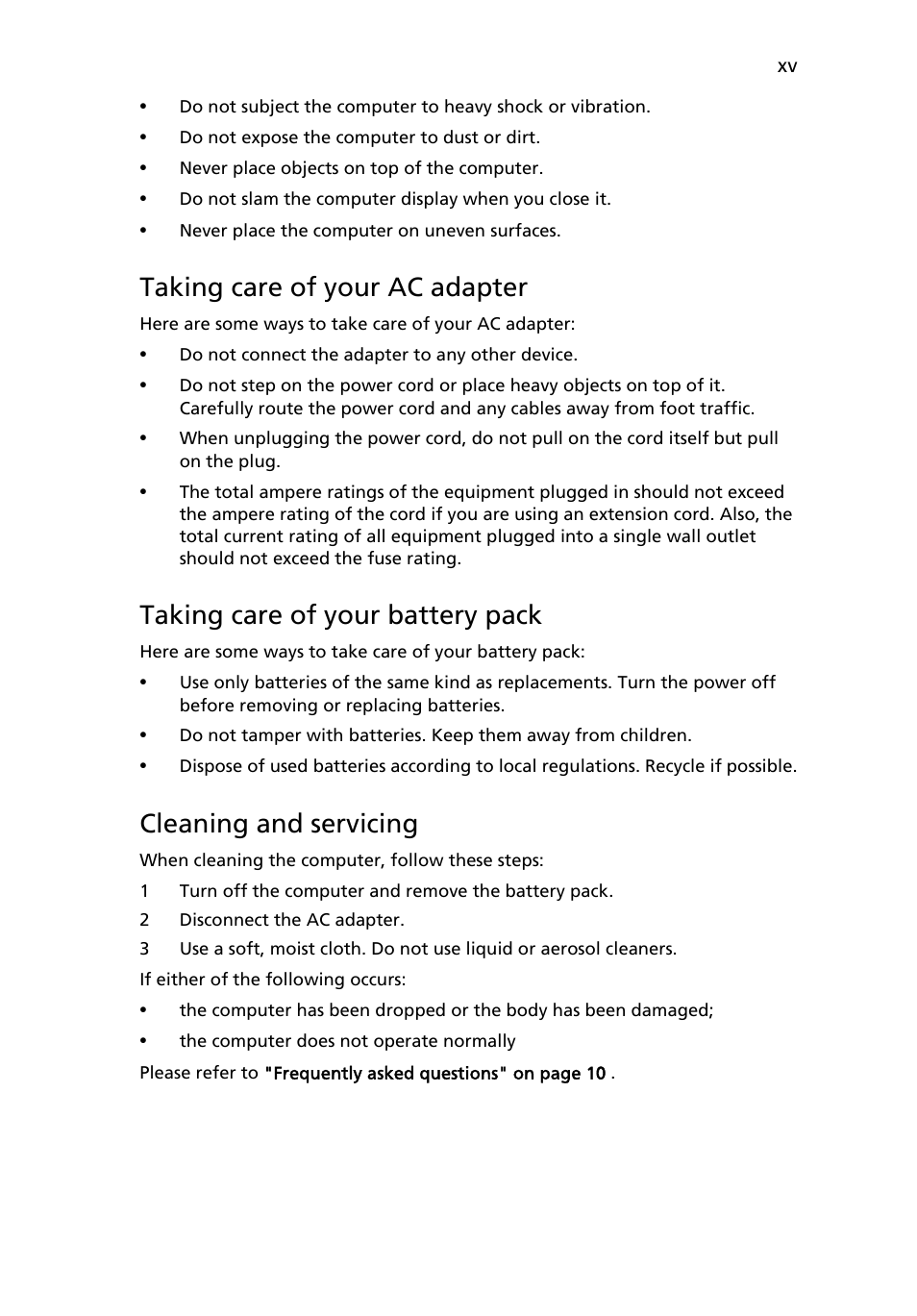 Taking care of your ac adapter, Taking care of your battery pack, Cleaning and servicing | Acer AOP531h User Manual | Page 15 / 54