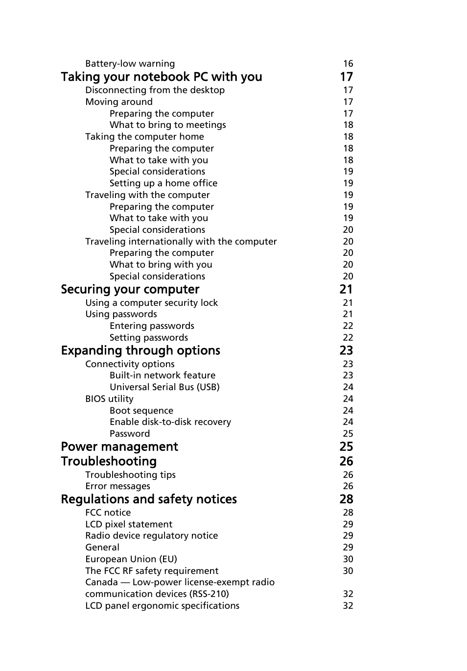 Securing your computer 21, Expanding through options 23, Power management 25 troubleshooting 26 | Regulations and safety notices 28 | Acer AOP531h User Manual | Page 18 / 54