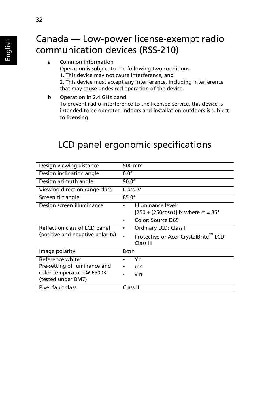Lcd panel ergonomic specifications | Acer AOP531h User Manual | Page 52 / 54