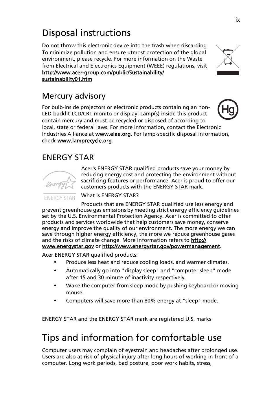 Disposal instructions, Tips and information for comfortable use, Mercury advisory | Energy star | Acer AOP531h User Manual | Page 9 / 54