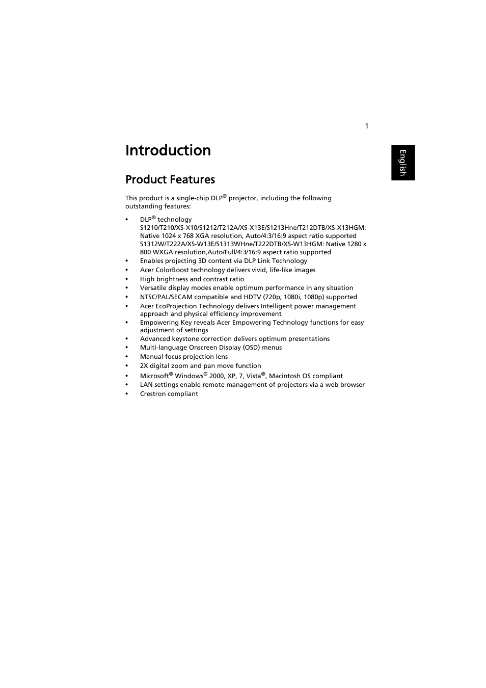 Introduction, Product features | Acer S1212 User Manual | Page 11 / 60