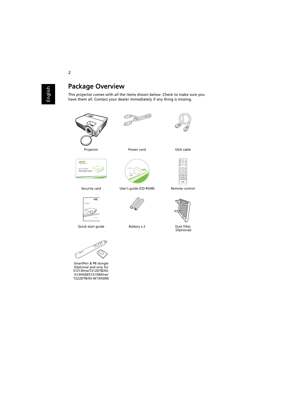 Package overview | Acer S1212 User Manual | Page 12 / 60
